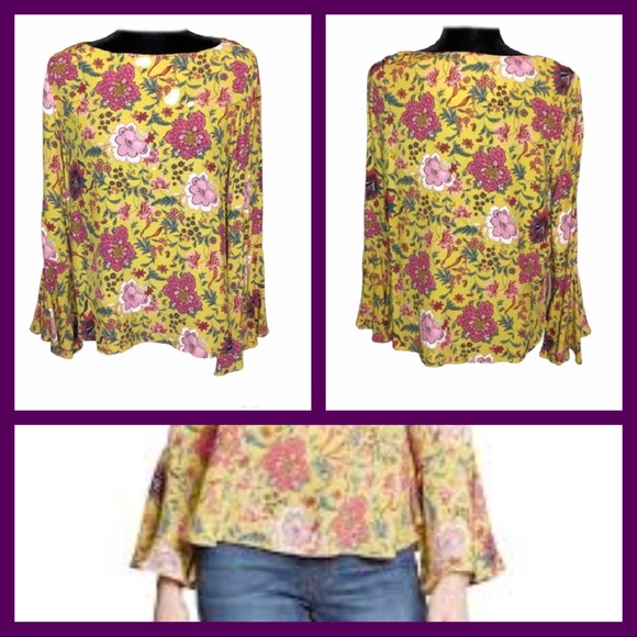 Karen Kane Blooming Florals Bell Sleeve Blouse Lrg - Picture 2 of 3